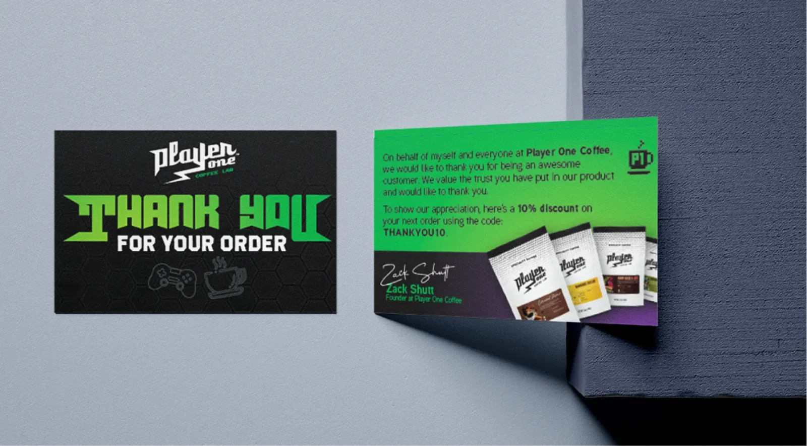 Player One Coffee retail and marketing mockup overview
